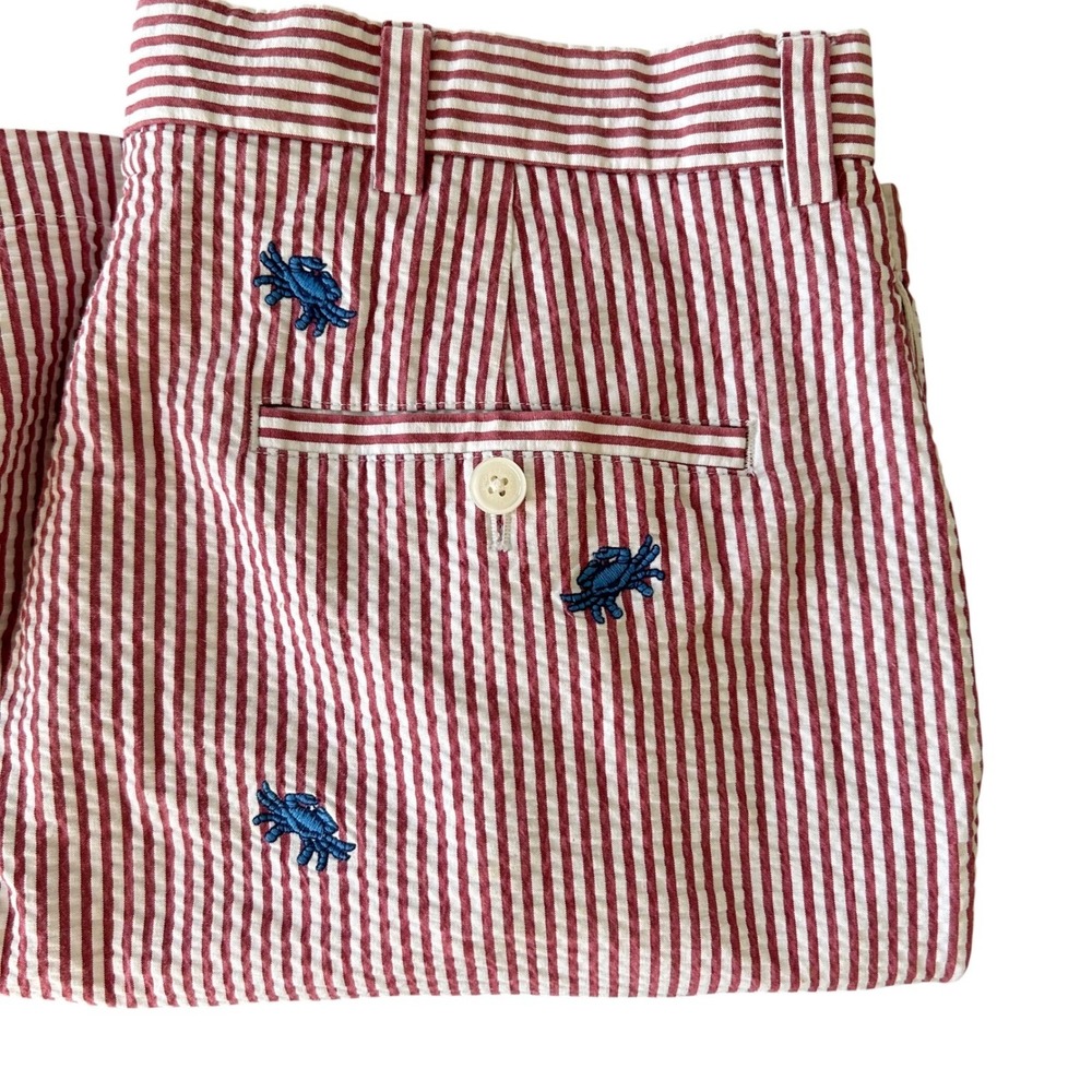 Brooks Brothers 346 Mens Red White Seersucker Crab Embroidered Shorts Size 35 - Picture 7 of 10